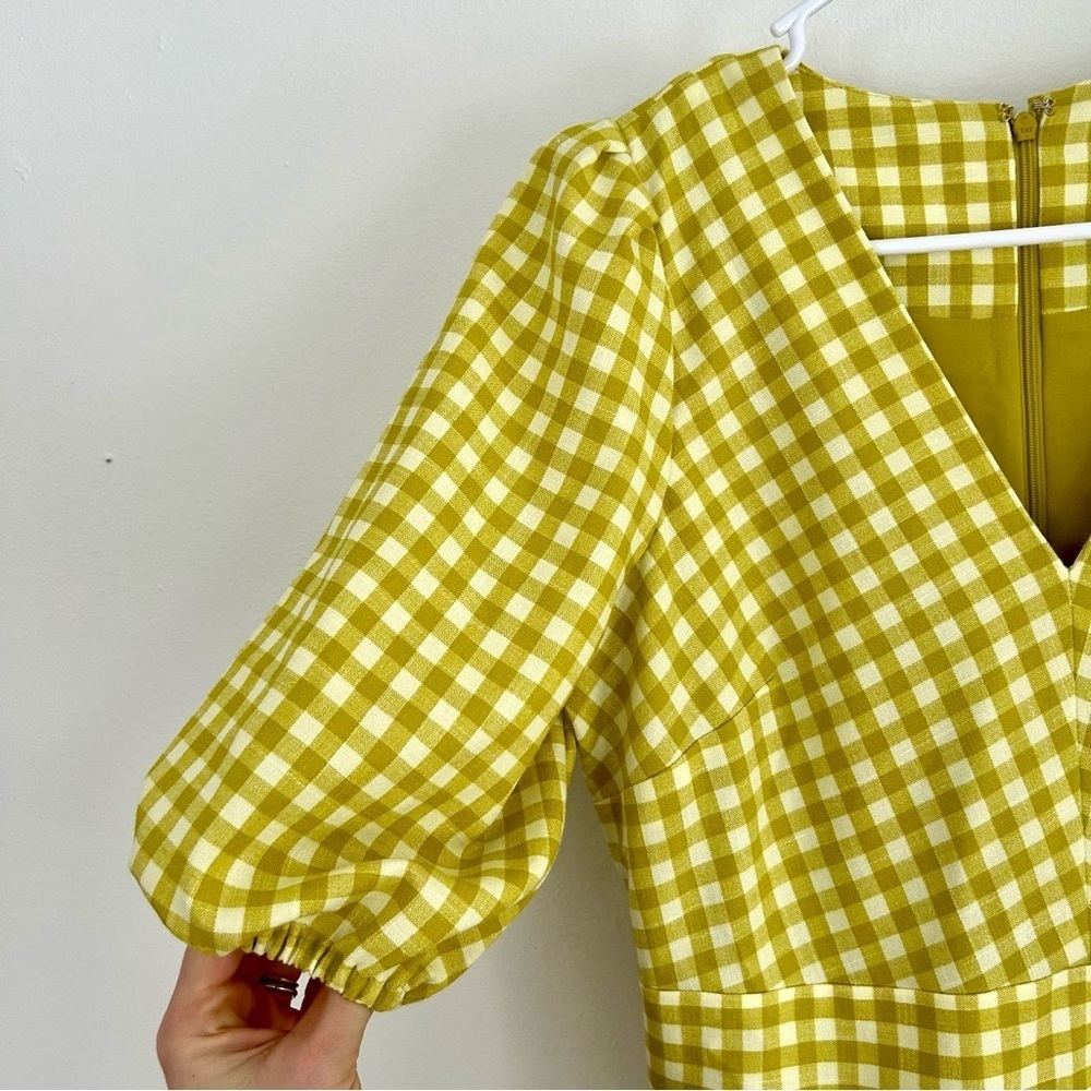 Ann Taylor Green/Yellow Gingham Tiered Puff Sleeve Midi Dress, V-Neck, Size 2 - Picture 3 of 6